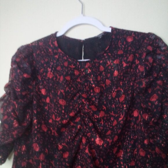 Express Blouse Shirt Women S 1/2 Gathered Sleeves Lined Pattern Red Black - Picture 3 of 15